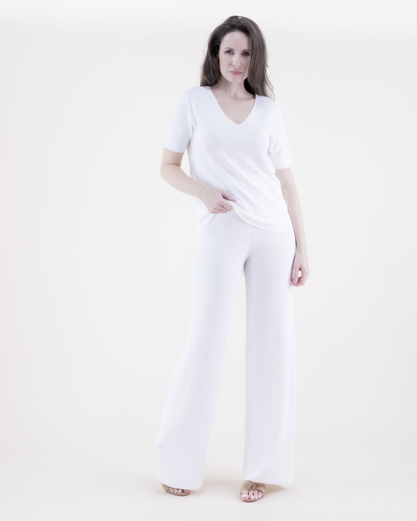 Neutral Wide Leg Waffle Stitch Knit Pants