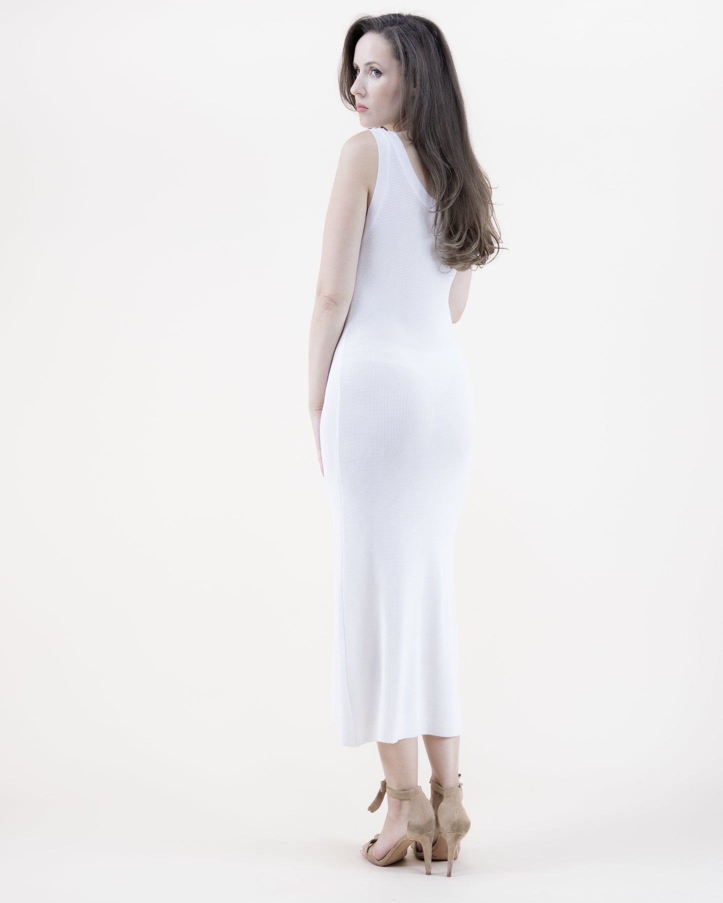 Neutral Sleeveless Small Mesh Stitch Knit Dress