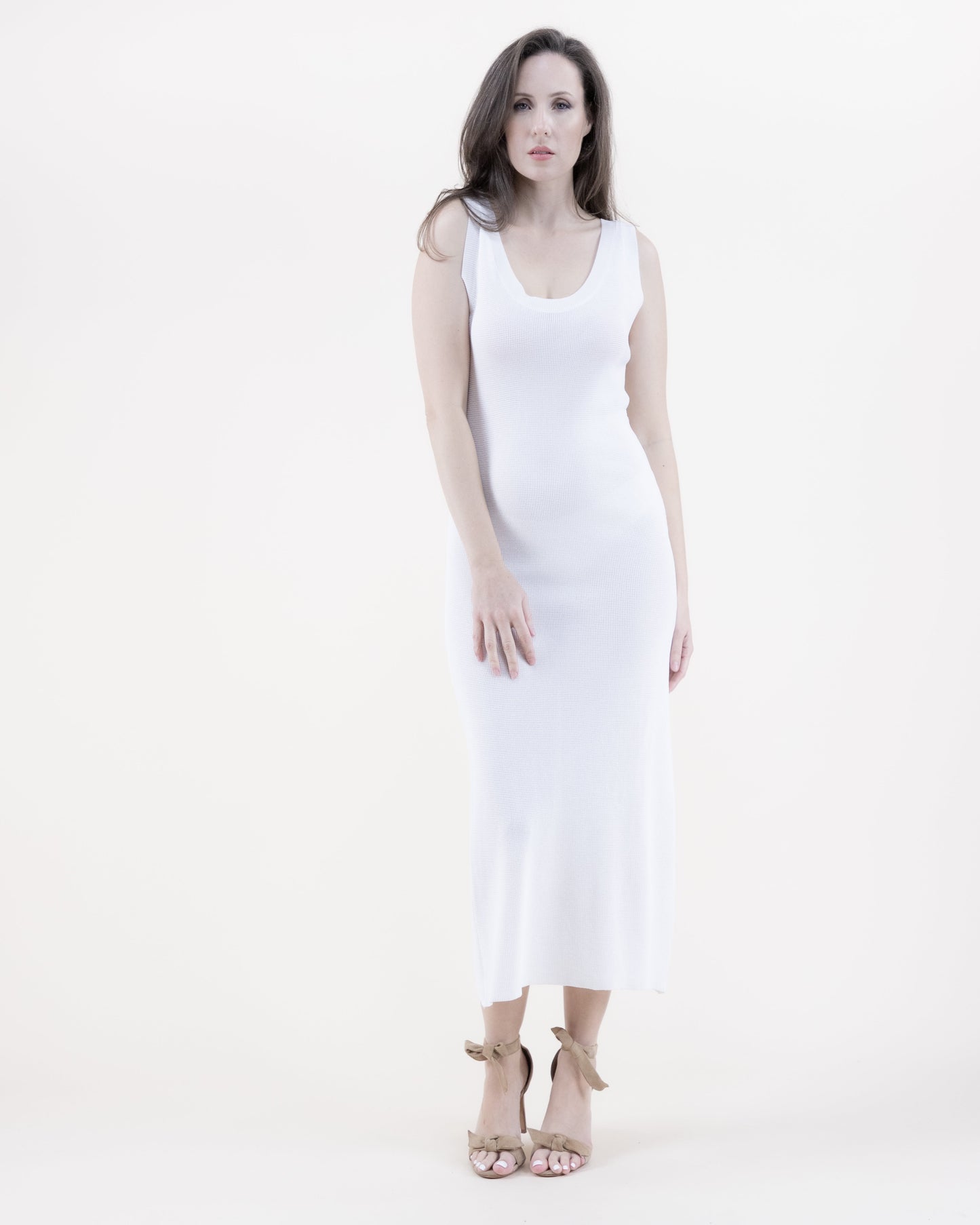 Neutral Sleeveless Small Mesh Stitch Knit Dress