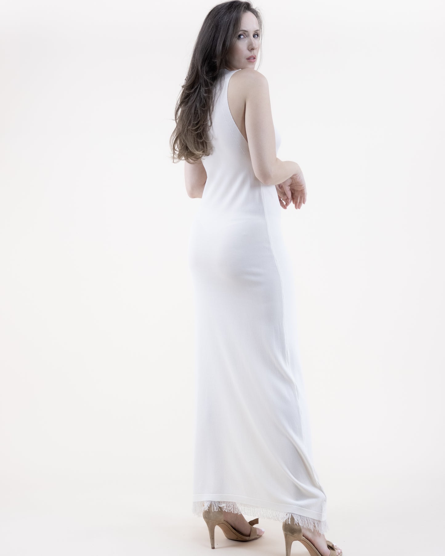Neutral Jewel Neck Sleeveless Fringed Thin Knit Dress