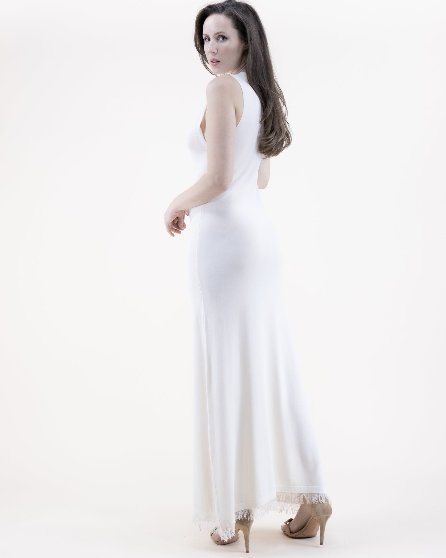 Neutral Jewel Neck Sleeveless Fringed Thin Knit Dress
