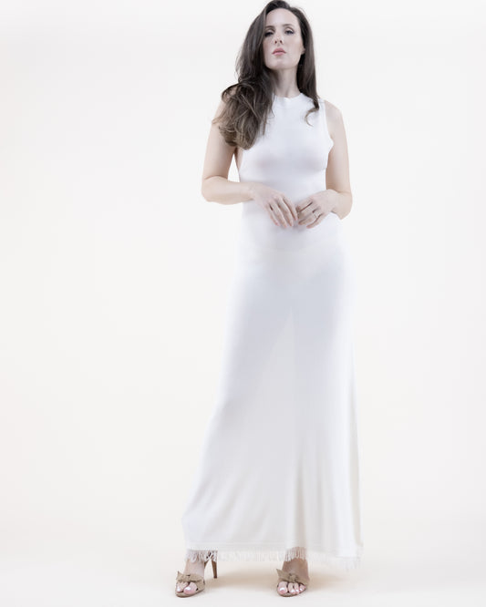 Neutral Jewel Neck Sleeveless Fringed Thin Knit Dress
