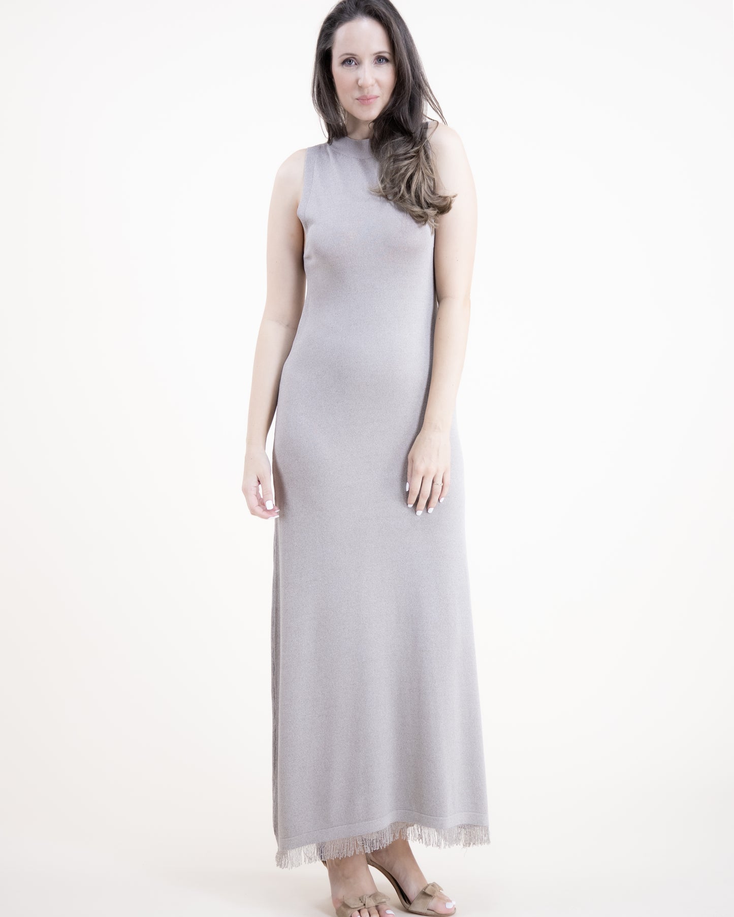 Neutral Jewel Neck Sleeveless Fringed Thin Knit Dress