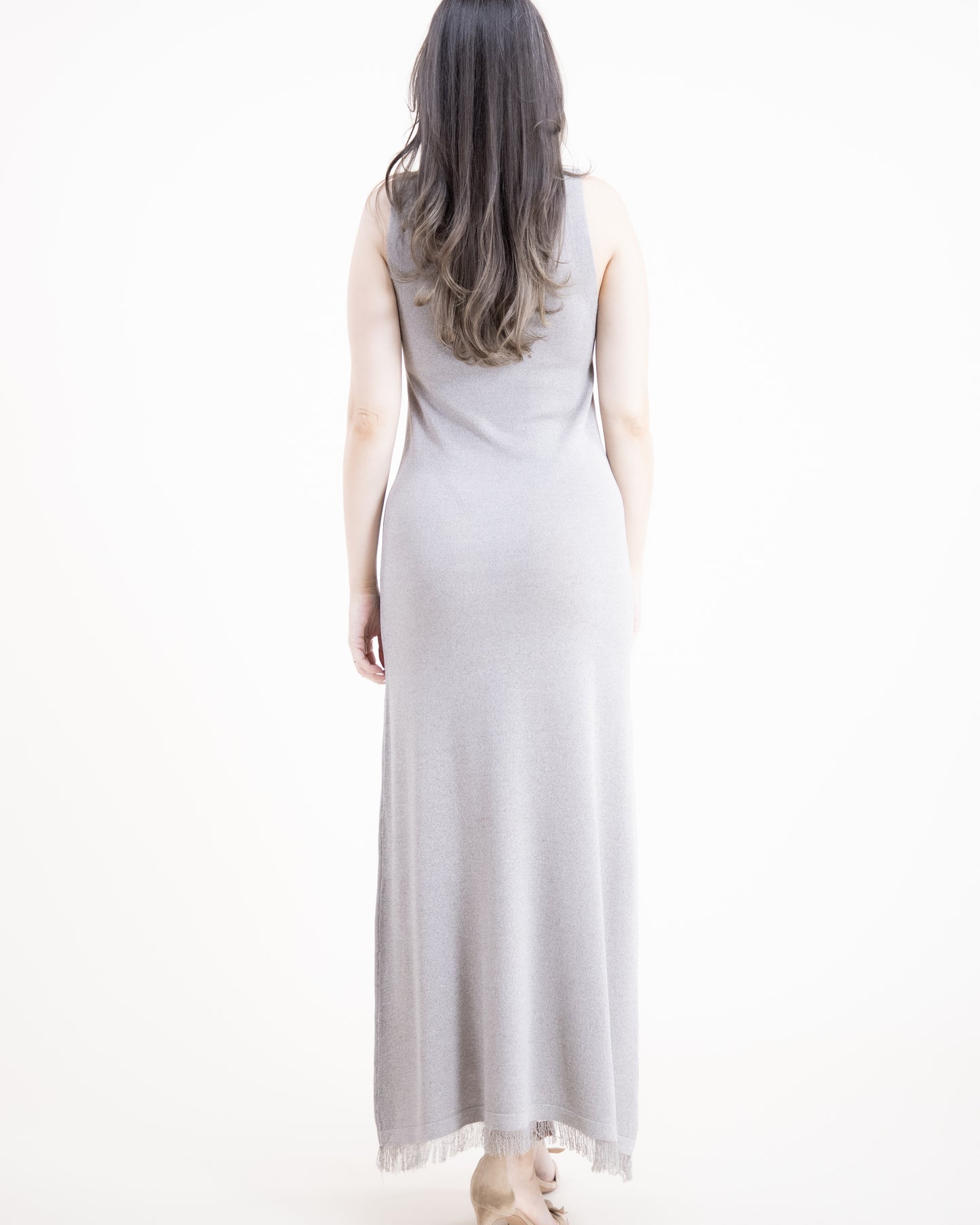 Neutral Jewel Neck Sleeveless Fringed Thin Knit Dress