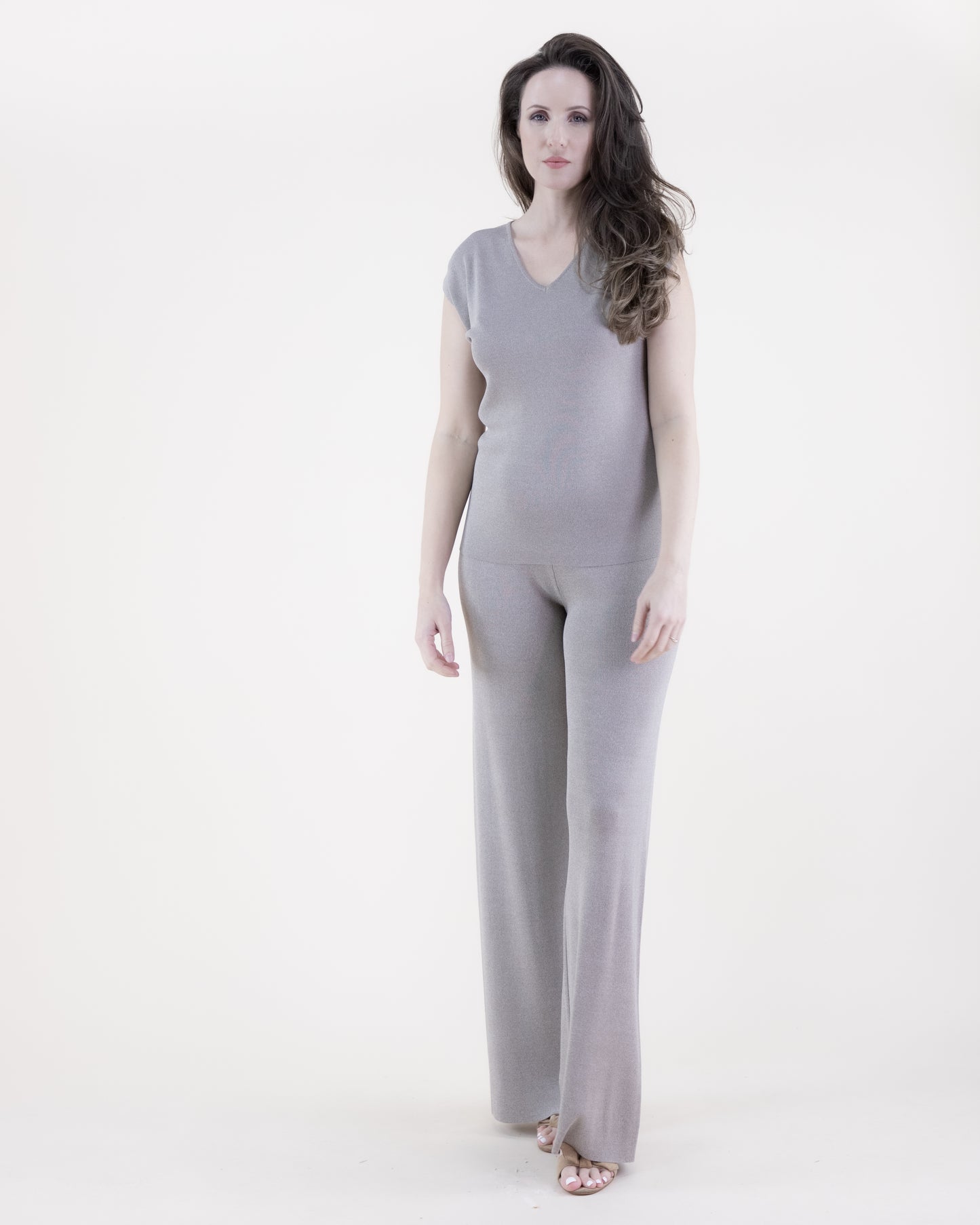 Neutral V-Neck Drop Shoulder Sleeveless Thin Knit Top