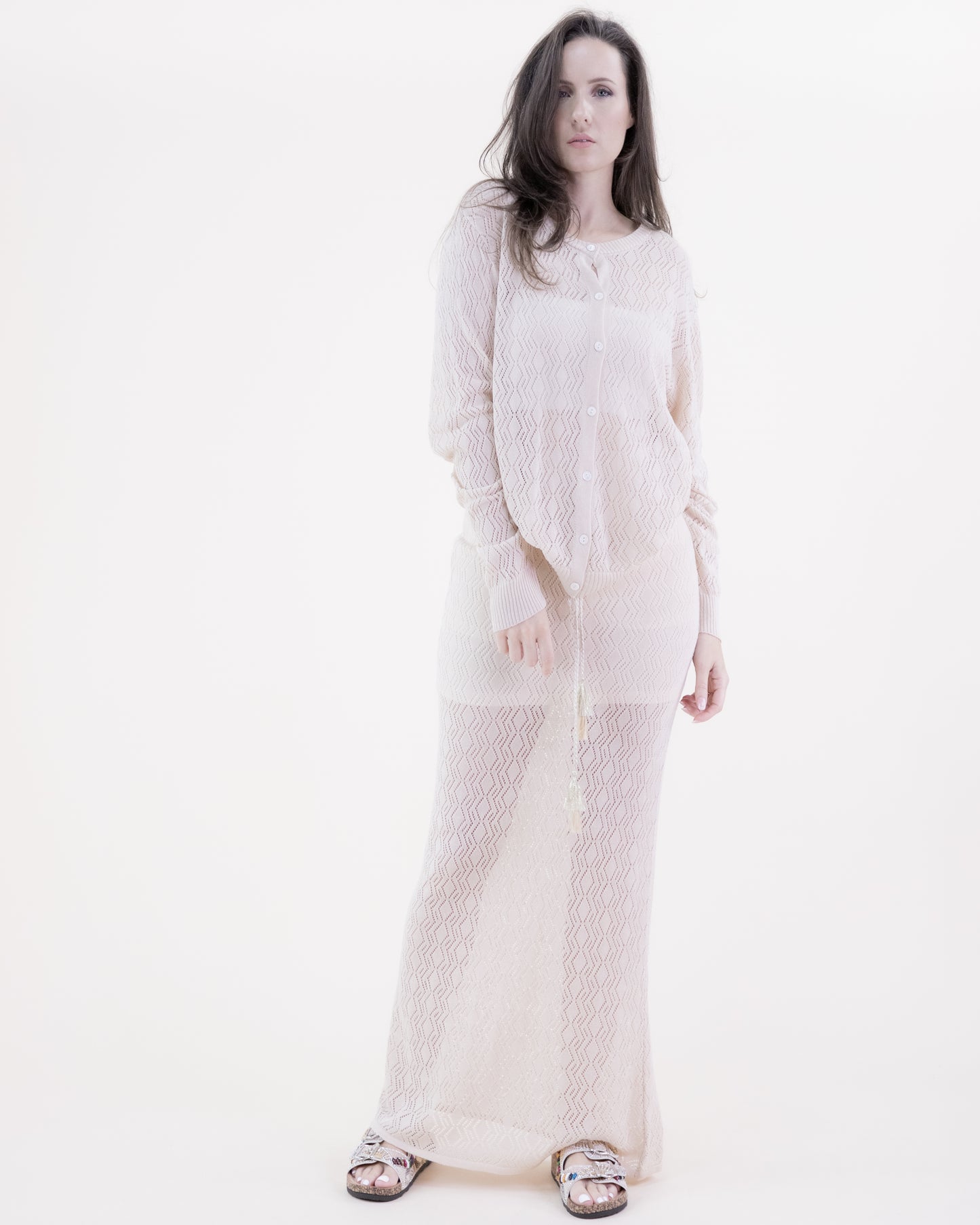 Zig Zag Pointelle Buttoned Long Sleeve Cardigan