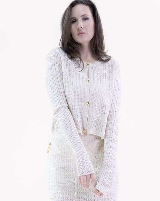 Pointelle Faux Pockets Buttoned Long Sleeve Cardigan