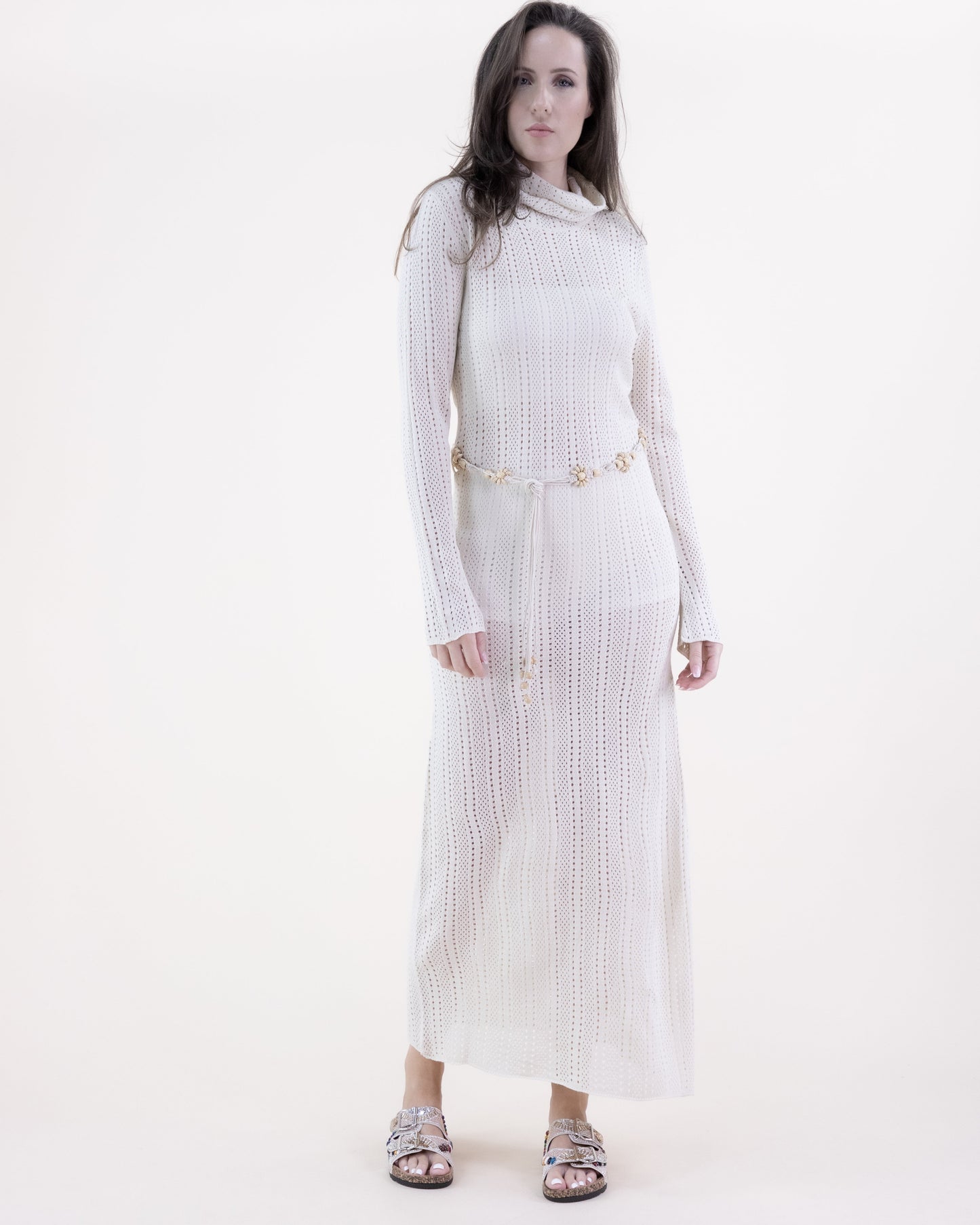 Linear Stitch Pointelle Belted Long Sleeve Dress