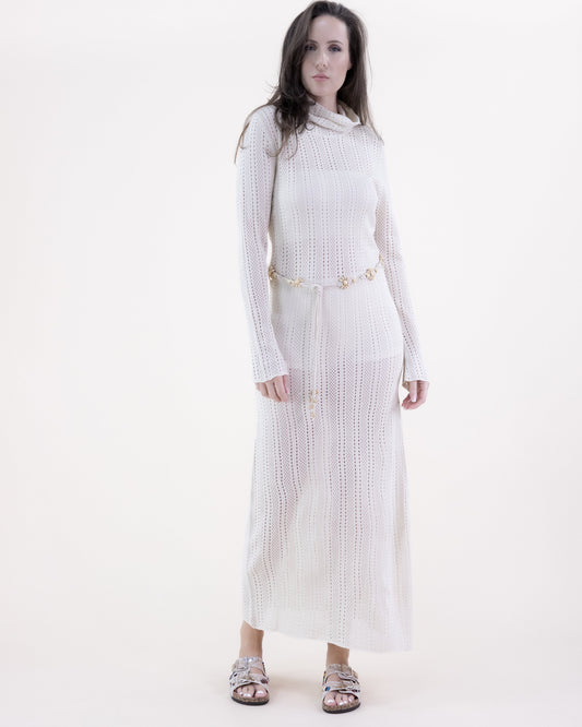 Linear Stitch Pointelle Belted Long Sleeve Dress