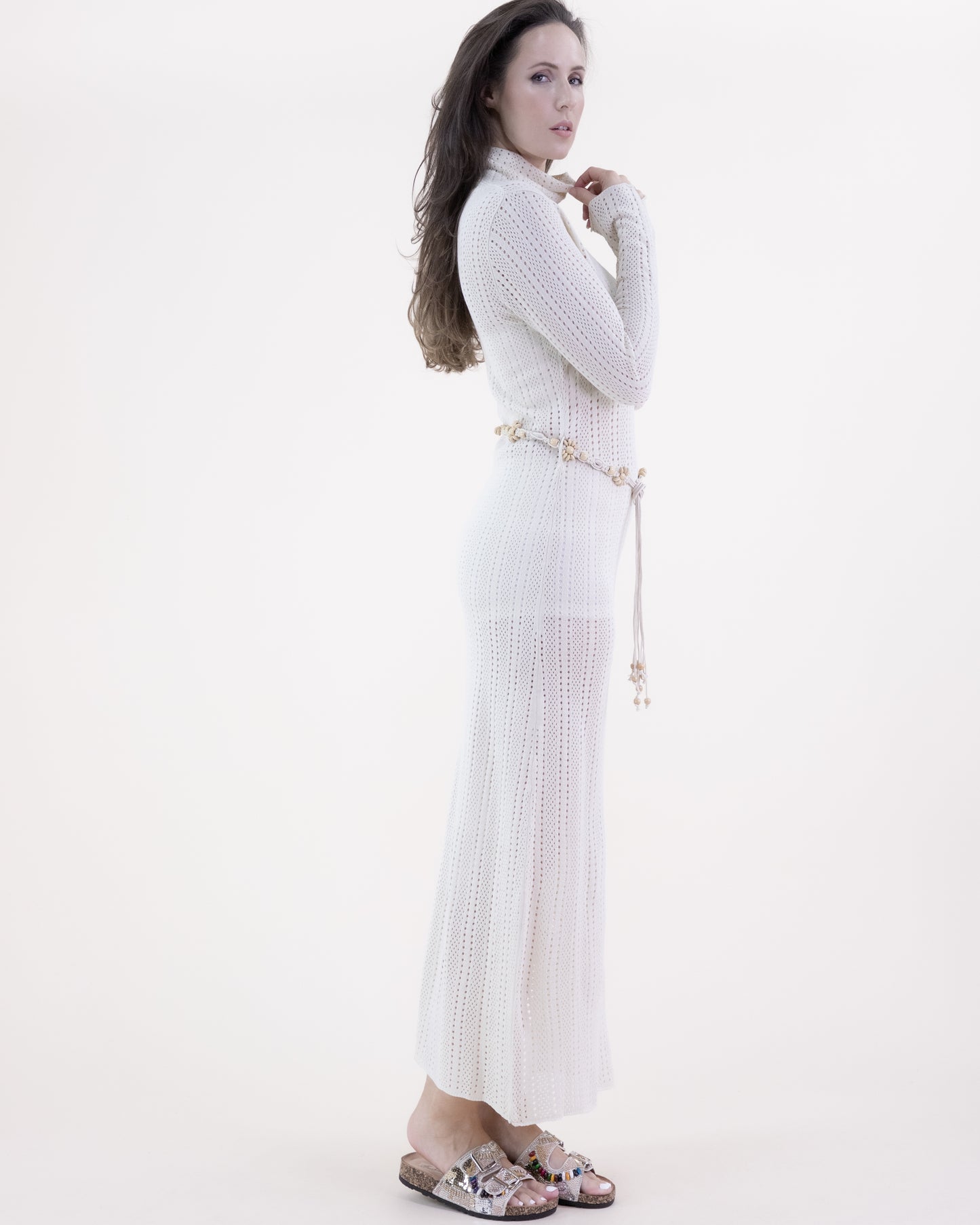 Linear Stitch Pointelle Belted Long Sleeve Dress