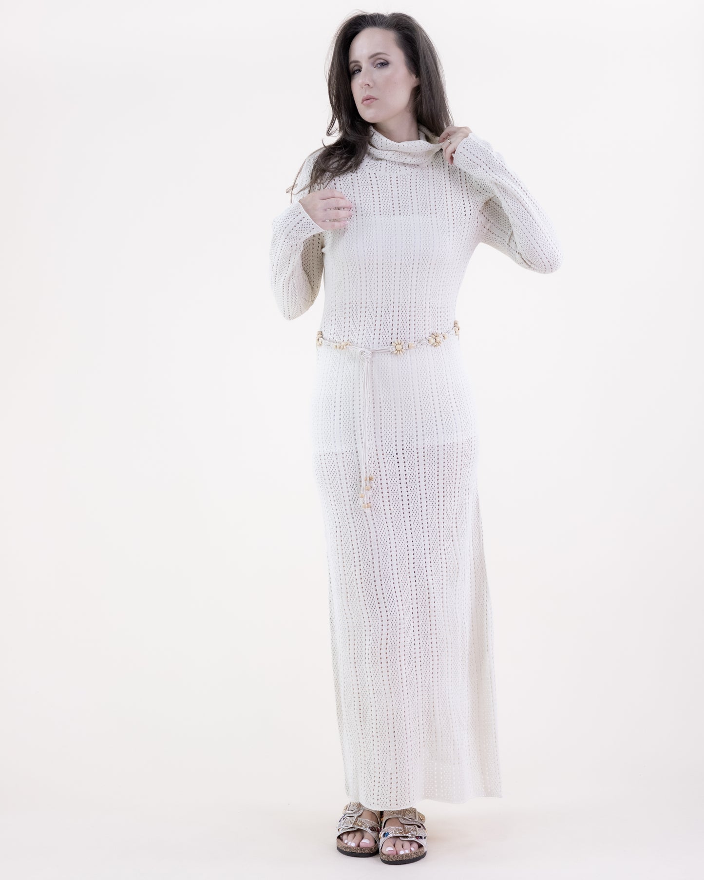 Linear Stitch Pointelle Belted Long Sleeve Dress