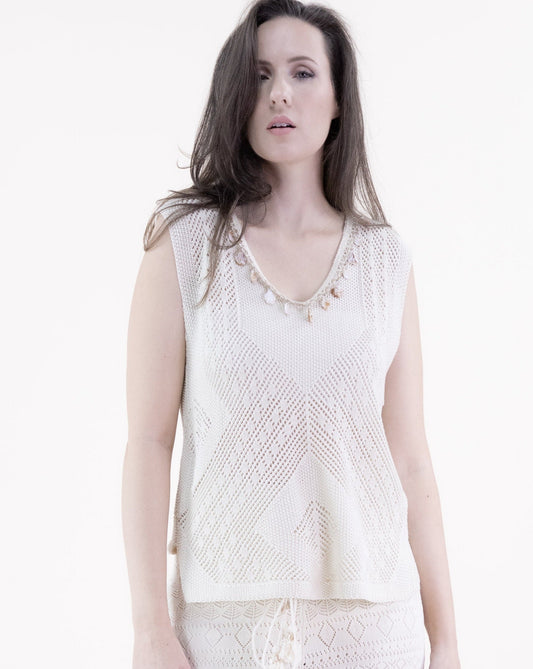 Geometric Pointelle Embellished V-Neck Sleeveless Top