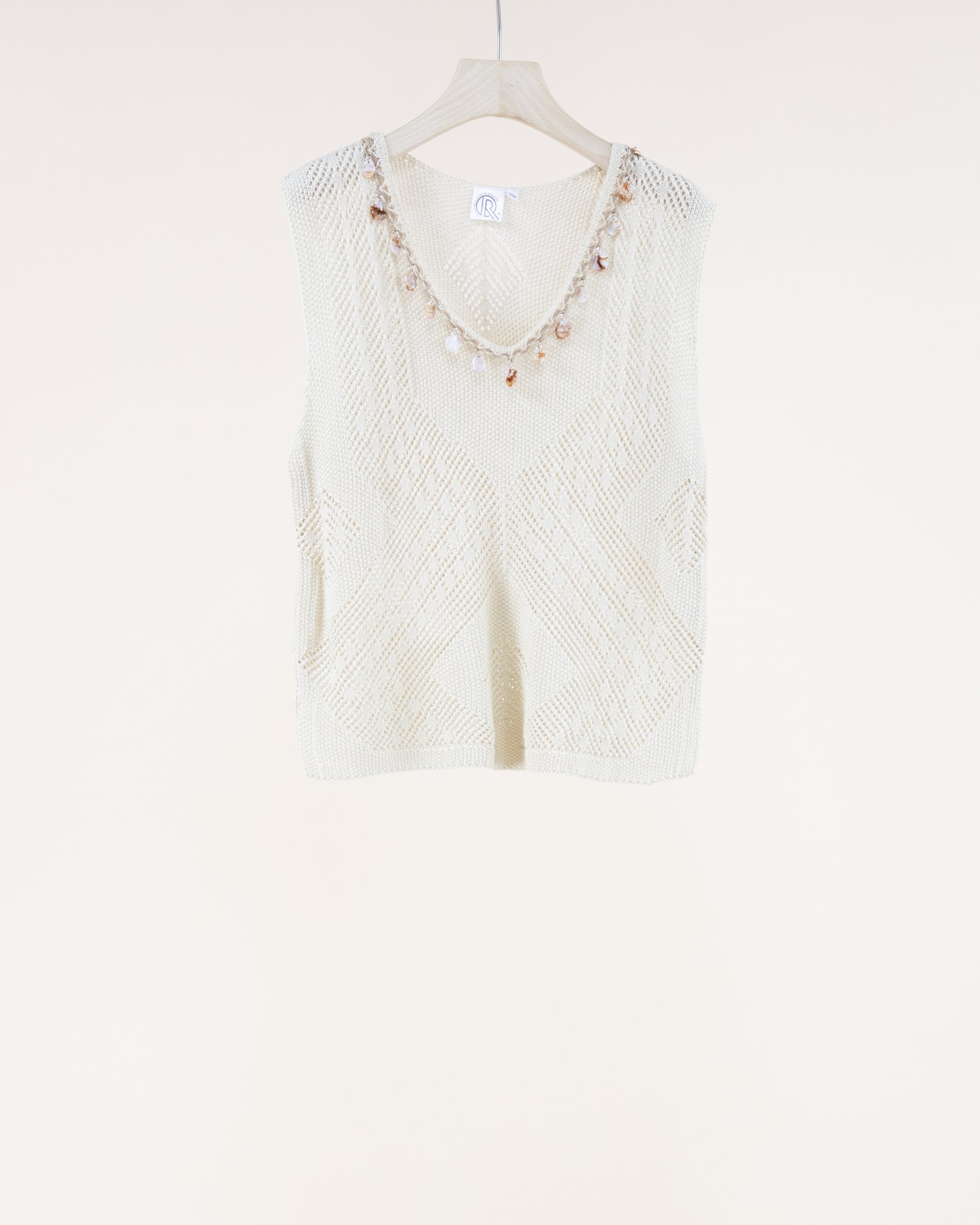 Geometric Pointelle Embellished V-Neck Sleeveless Top
