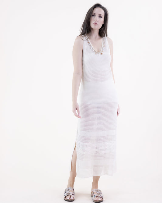Linear Stitch Pointelle Embellished V-Neck Sleeveless Maxi Dress