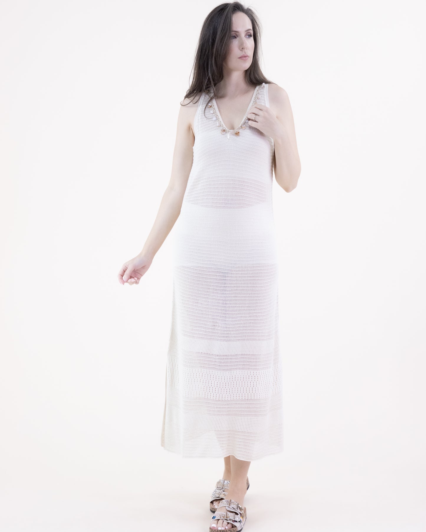 Linear Stitch Pointelle Embellished V-Neck Sleeveless Maxi Dress