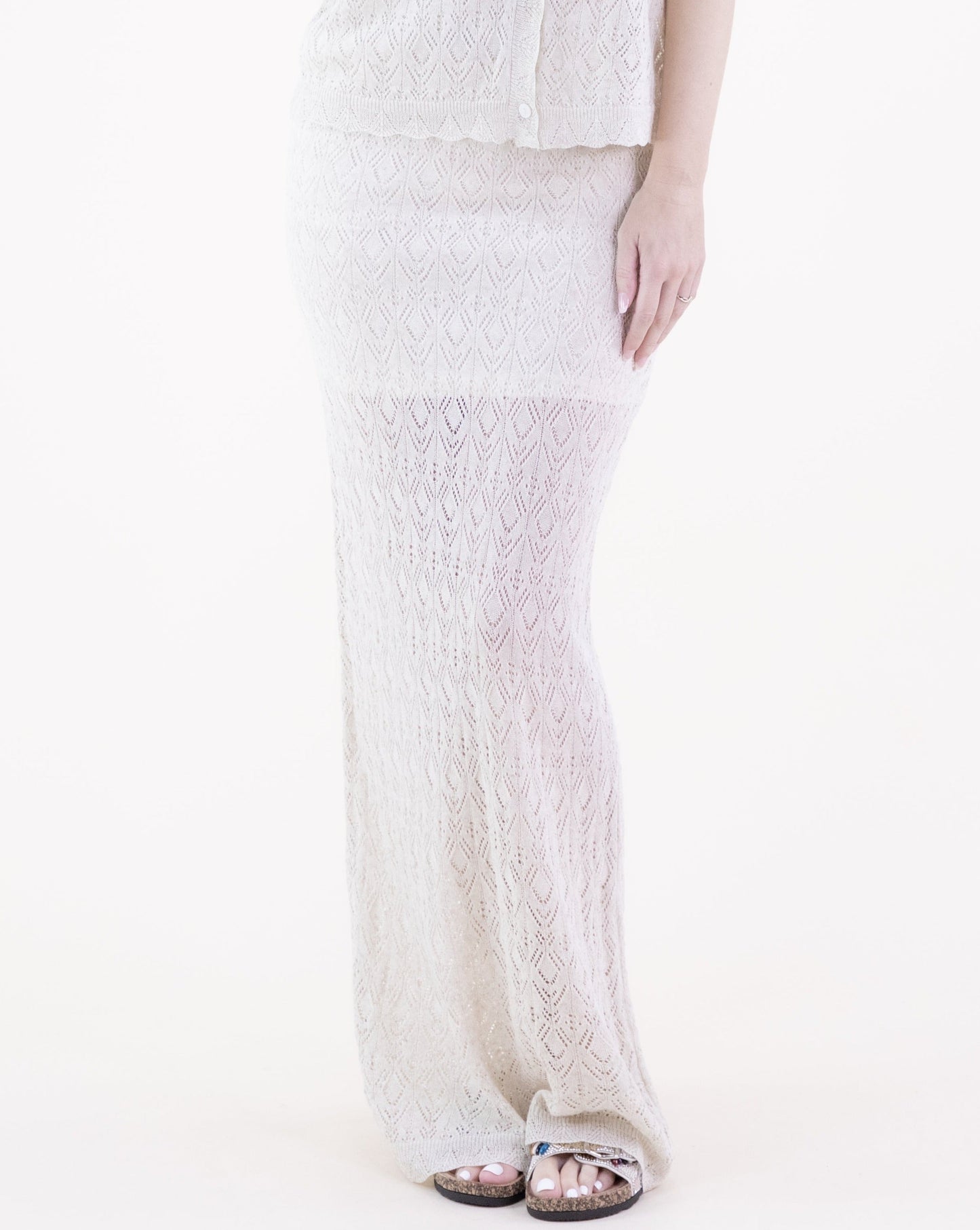 Diamond Stitch Pointelle Tiered Maxi Skirt