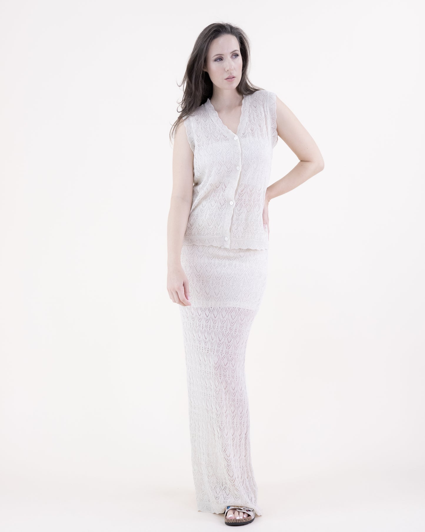 Diamond Stitch Pointelle Buttoned Vest