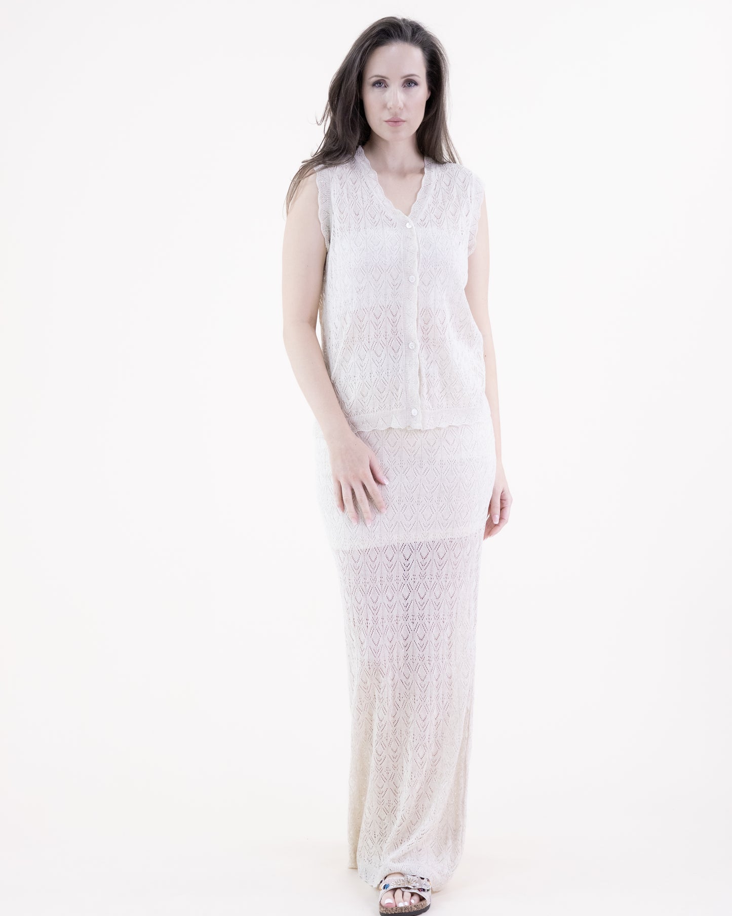 Diamond Stitch Pointelle Tiered Maxi Skirt