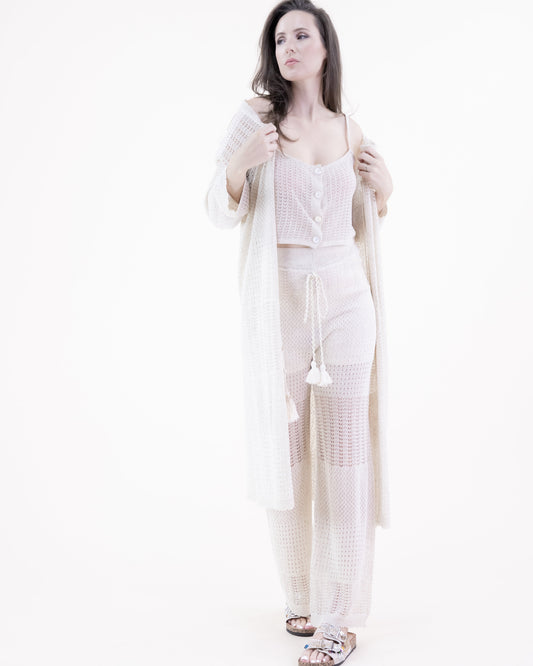 Pointelle Tiered Front Tie Long Cardigan