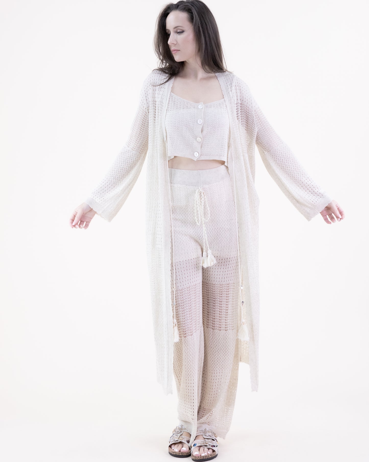 Pointelle Tiered Front Tie Long Cardigan