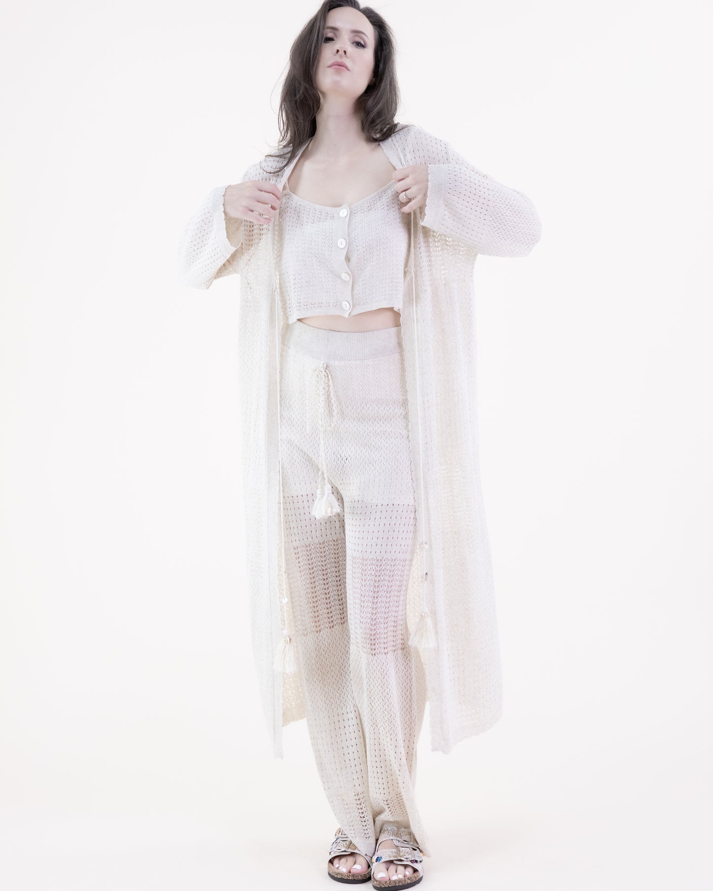 Pointelle Sleeveless Buttoned Crop Top