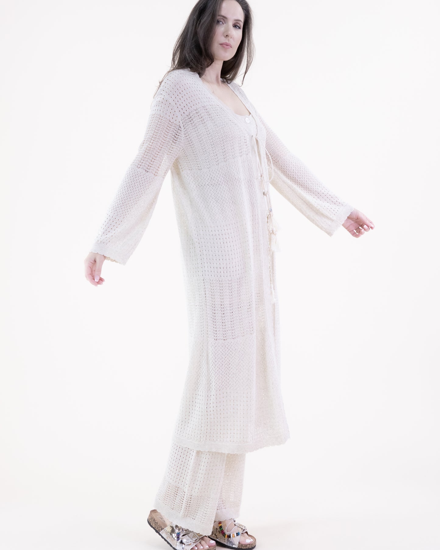 Pointelle Tiered Front Tie Long Cardigan