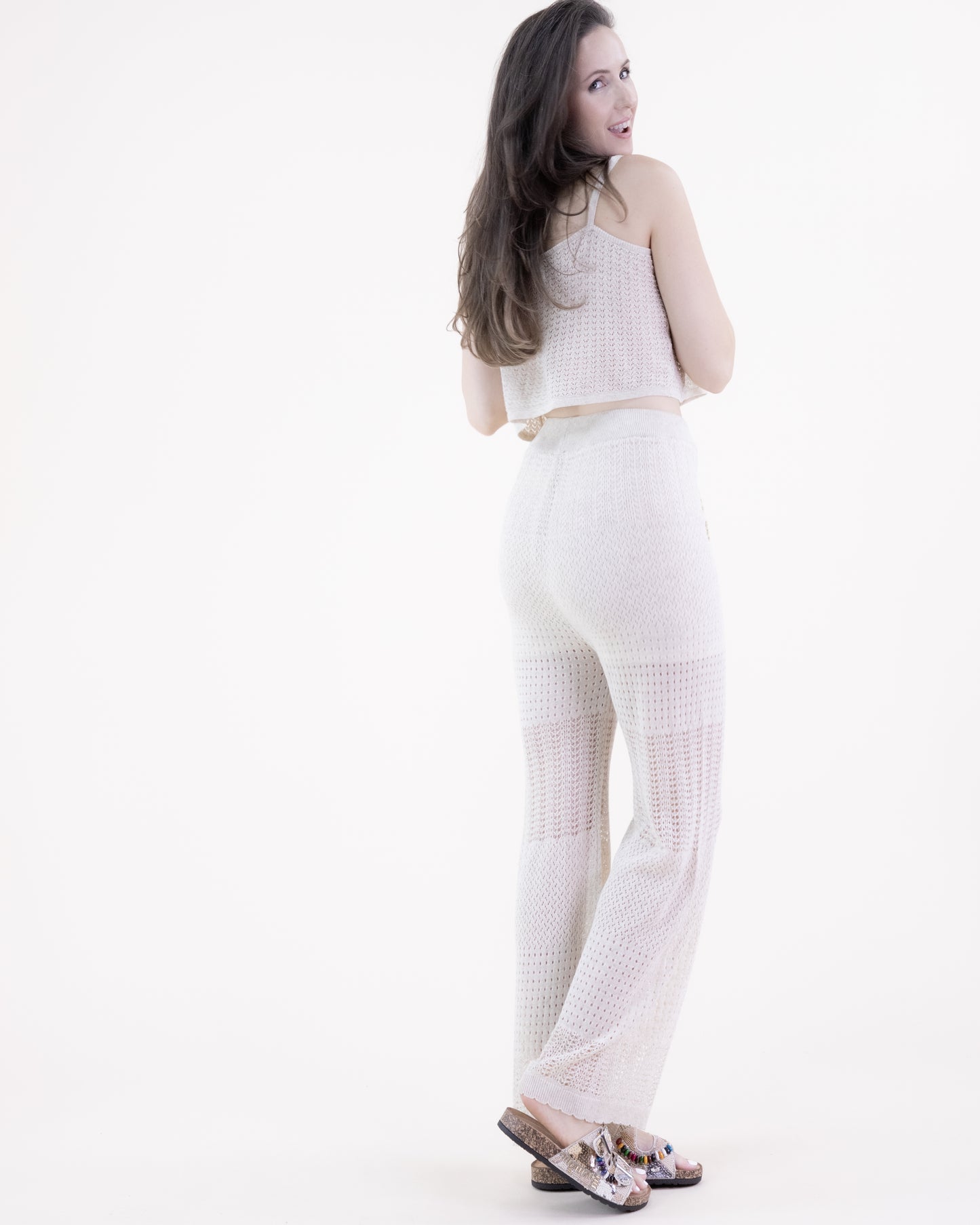 Pointelle Sleeveless Buttoned Crop Top
