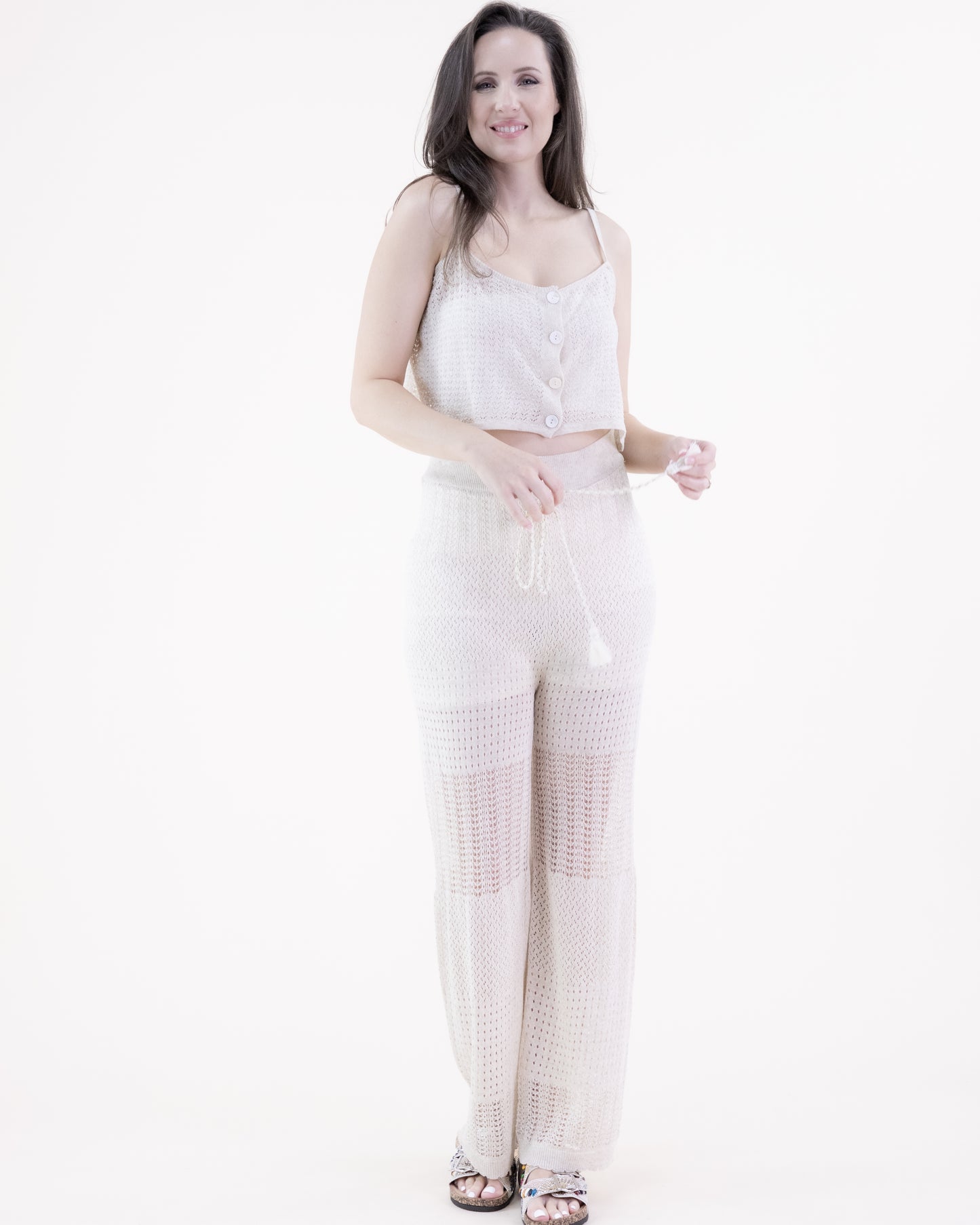 Pointelle Sleeveless Buttoned Crop Top