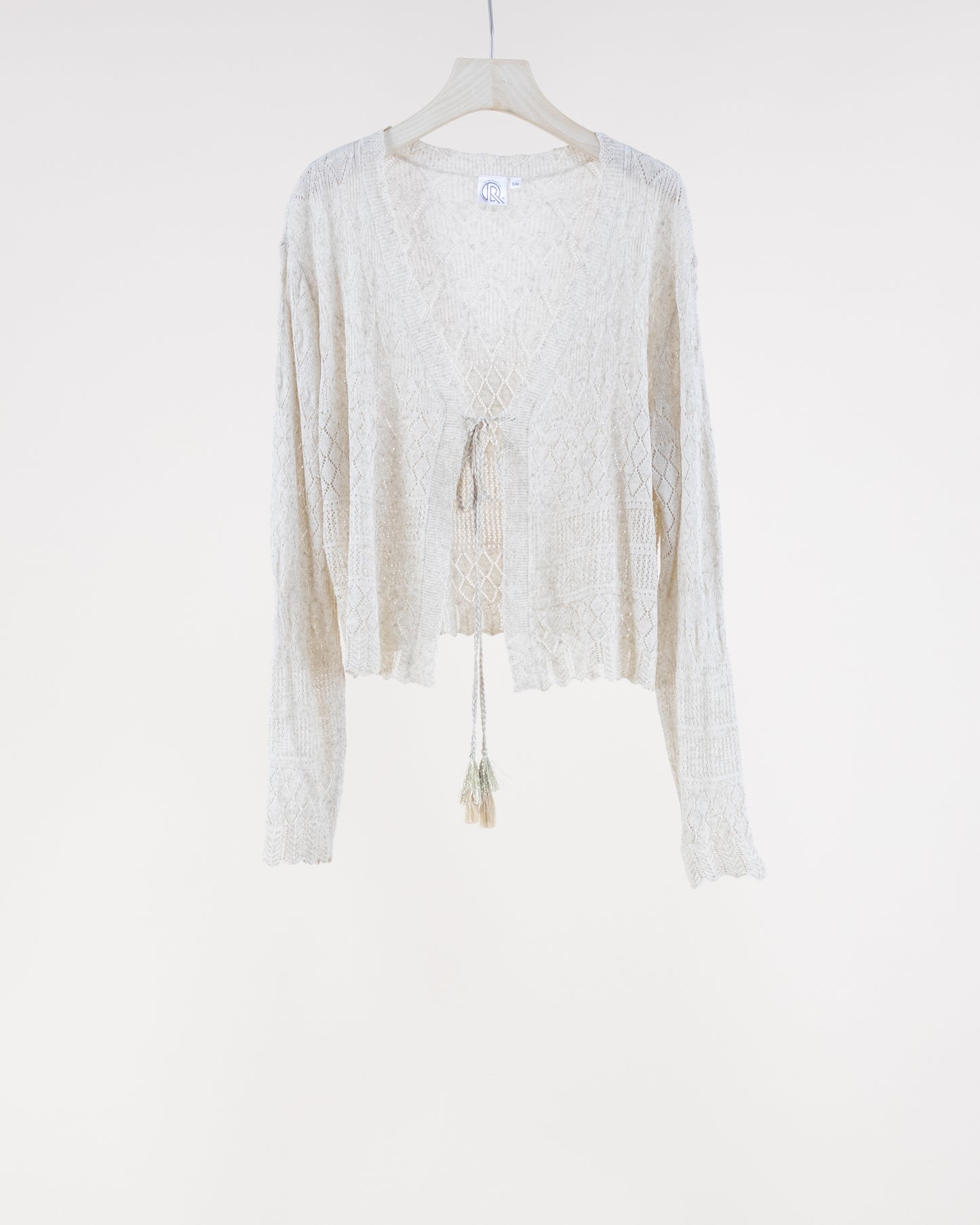 Linear Diamond Pointelle Scallop Hems Front Tie Cardigan