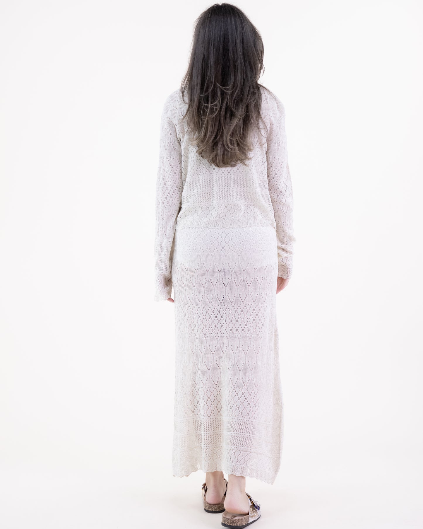 Linear Diamond Pointelle Scallop Hems Front Tie Cardigan