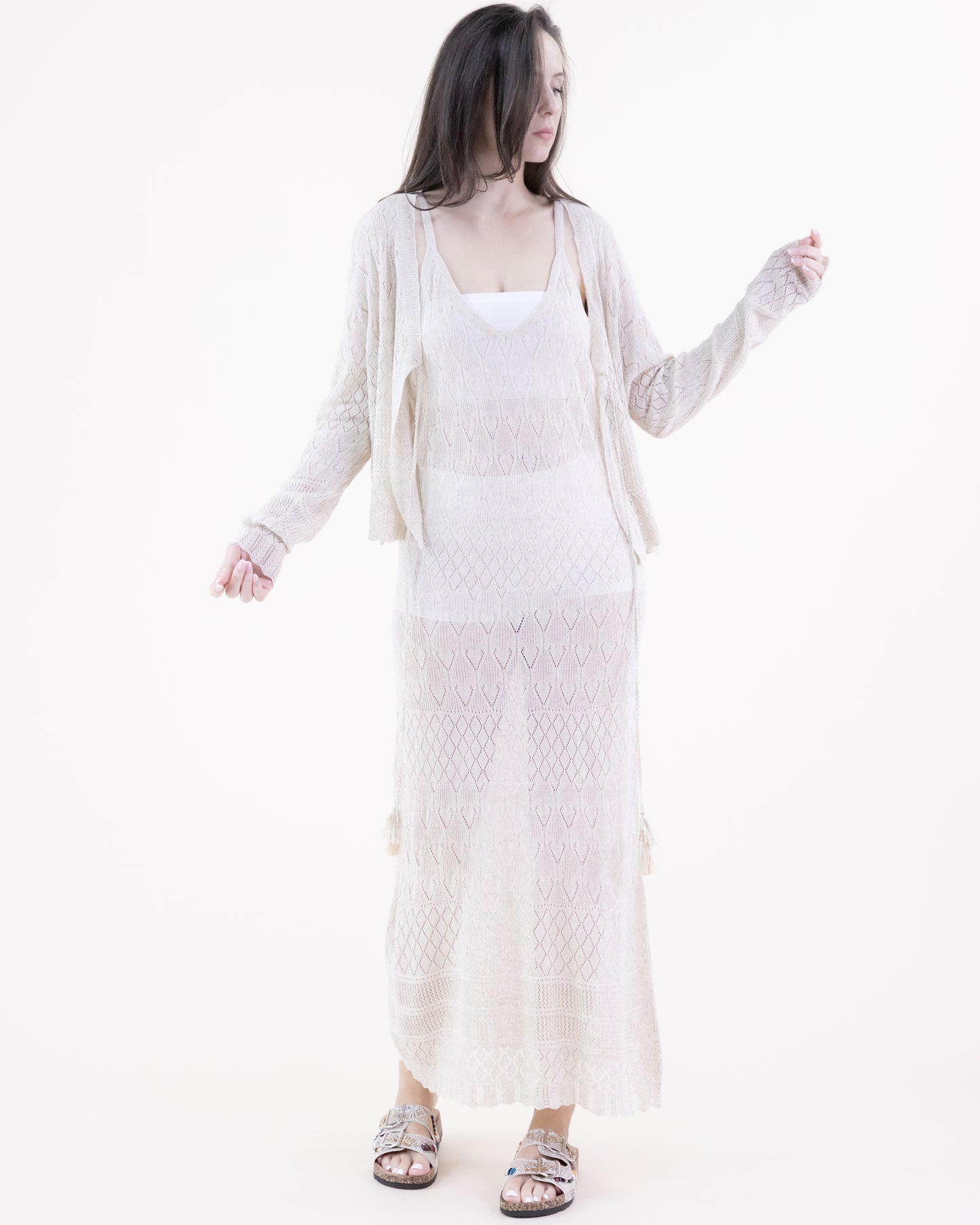 Linear Diamond Pointelle Scallop Hems Front Tie Cardigan