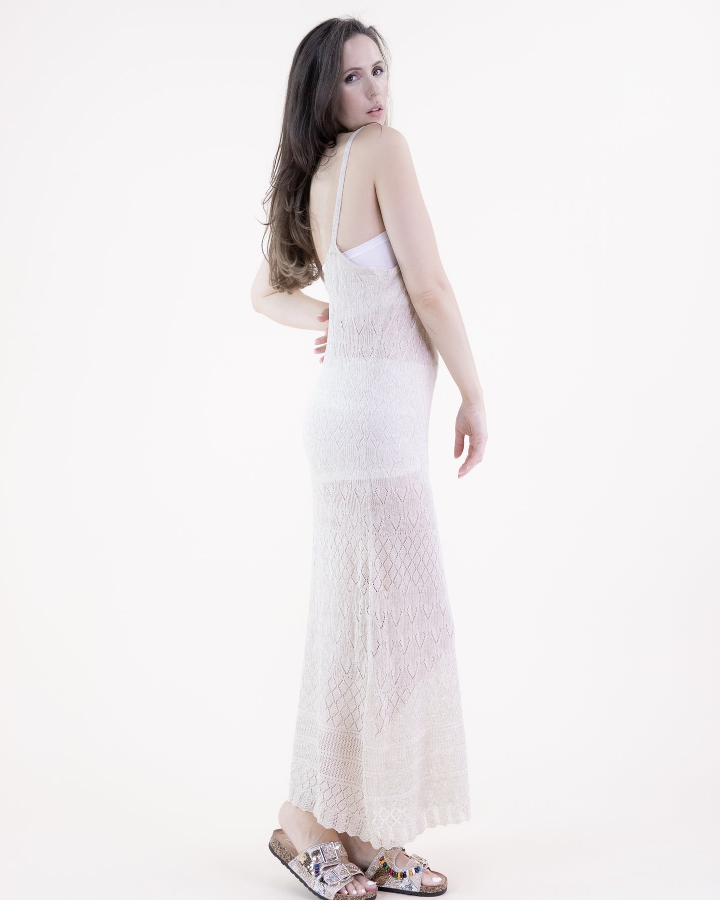Linear Diamond Pointelle Scallop Hems Thin Strap Maxi Dress
