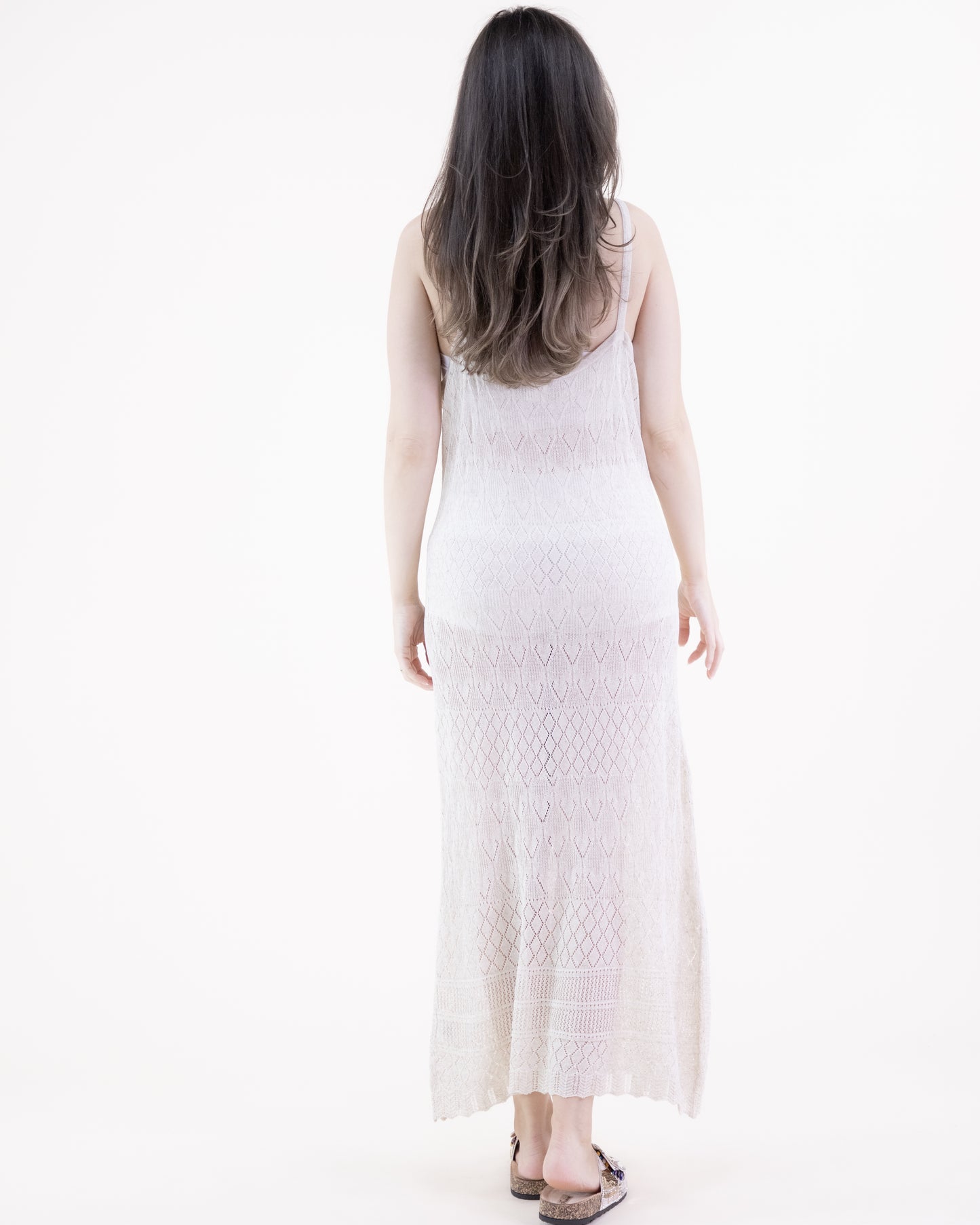 Linear Diamond Pointelle Scallop Hems Thin Strap Maxi Dress