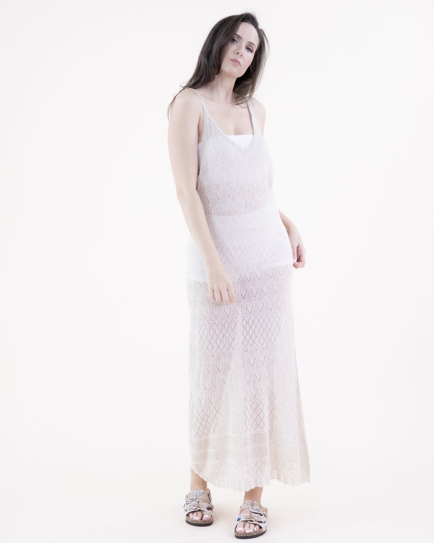 Linear Diamond Pointelle Scallop Hems Thin Strap Maxi Dress
