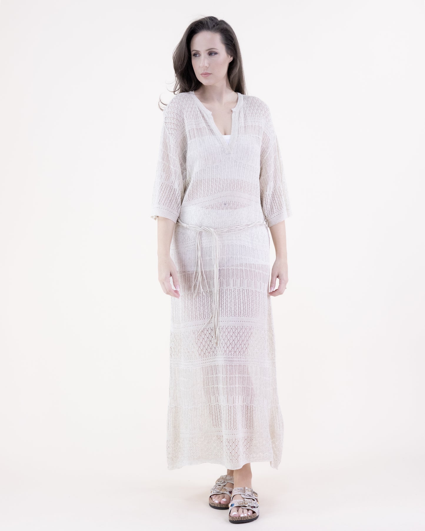 Linear Stitch Pointelle V-Neck Belted Half Sleeve Dress