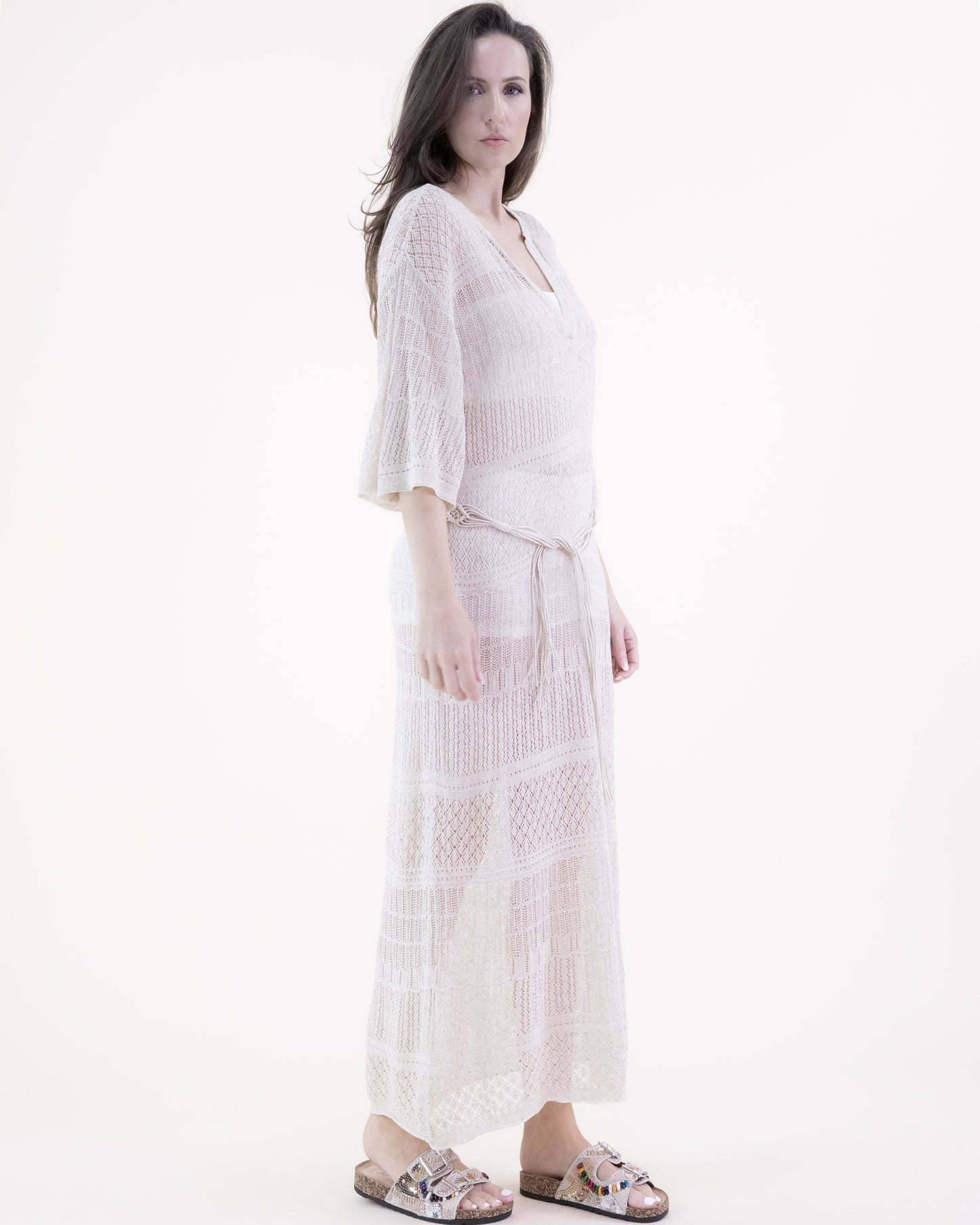 Linear Stitch Pointelle V-Neck Belted Half Sleeve Dress