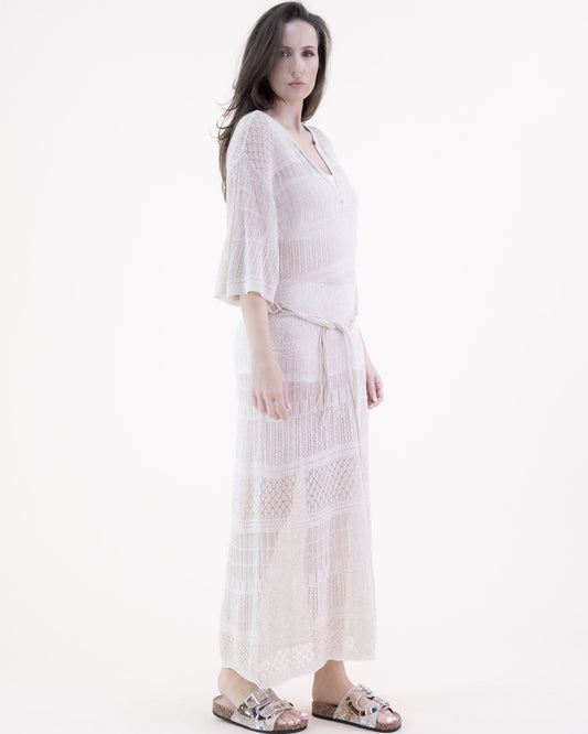 Linear Stitch Pointelle V-Neck Belted Half Sleeve Dress