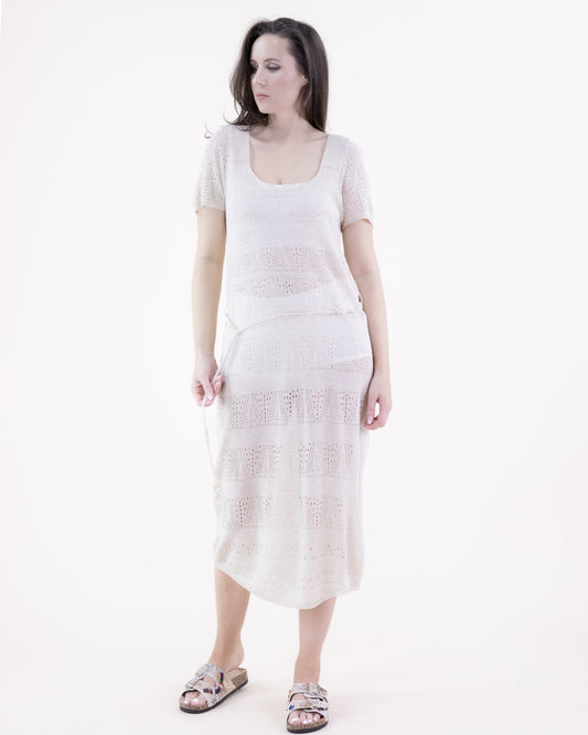 Geometric Pointelle Scoop Neck Short Sleeve Belted Dress