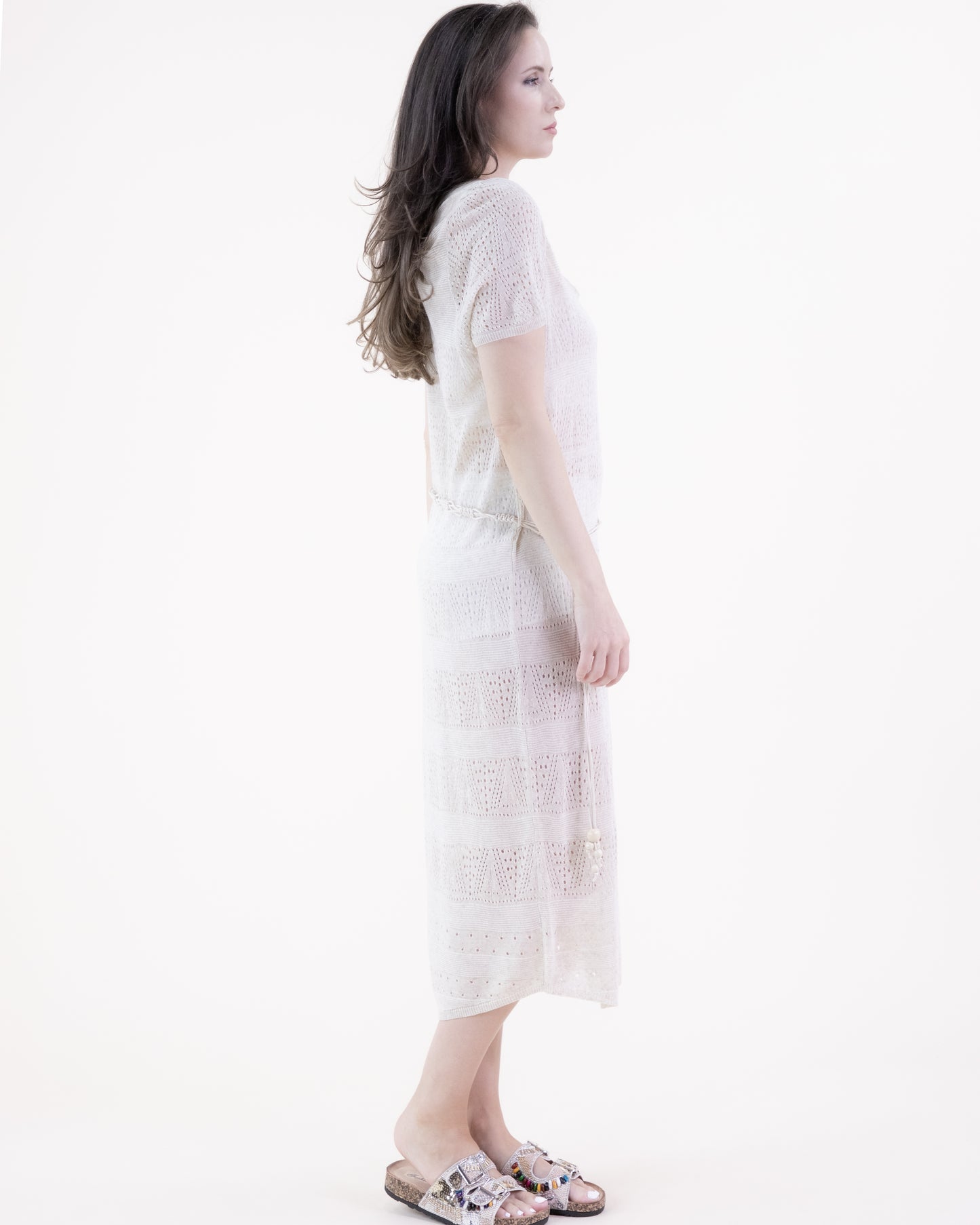 Geometric Pointelle Scoop Neck Short Sleeve Belted Dress