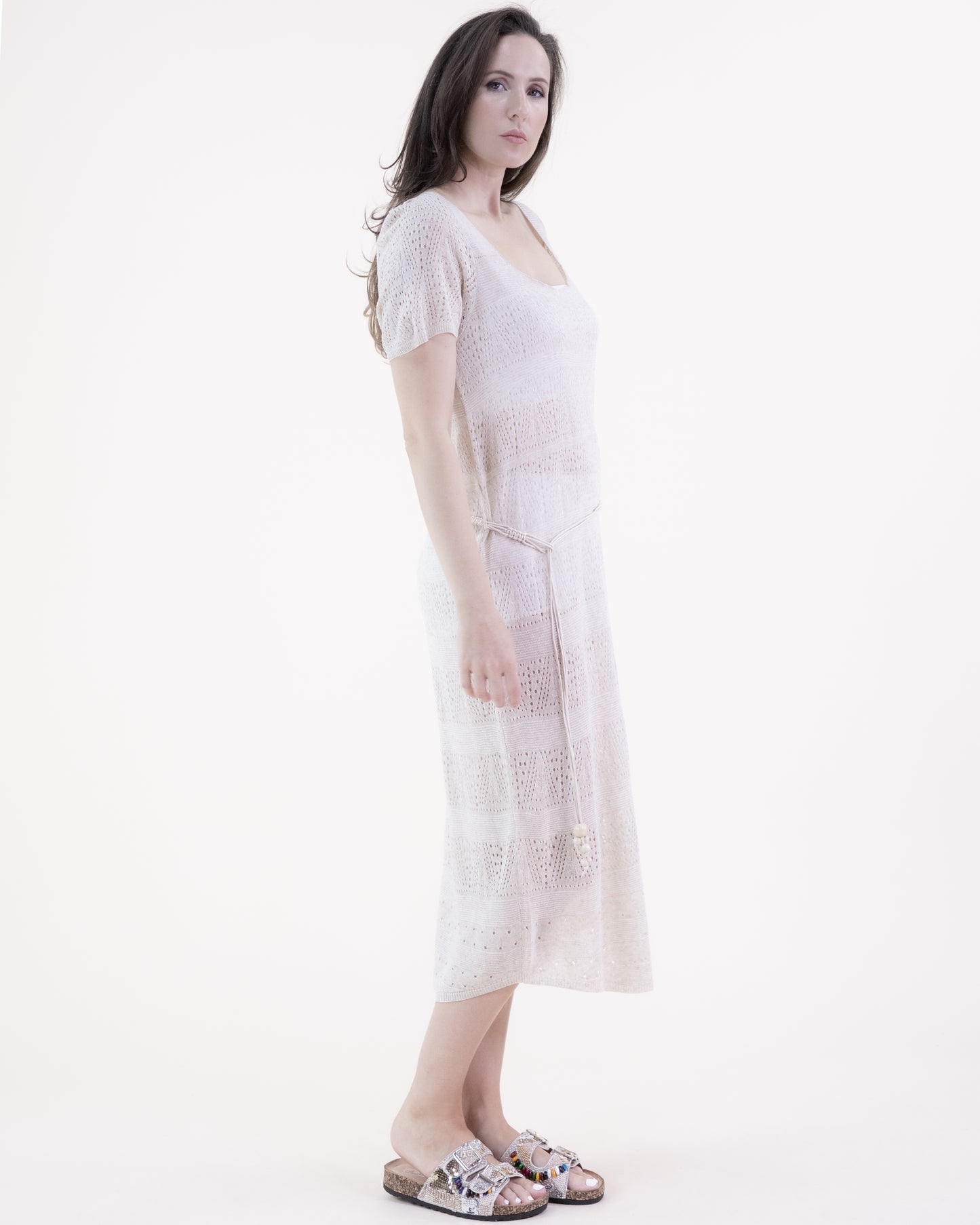 Geometric Pointelle Scoop Neck Short Sleeve Belted Dress