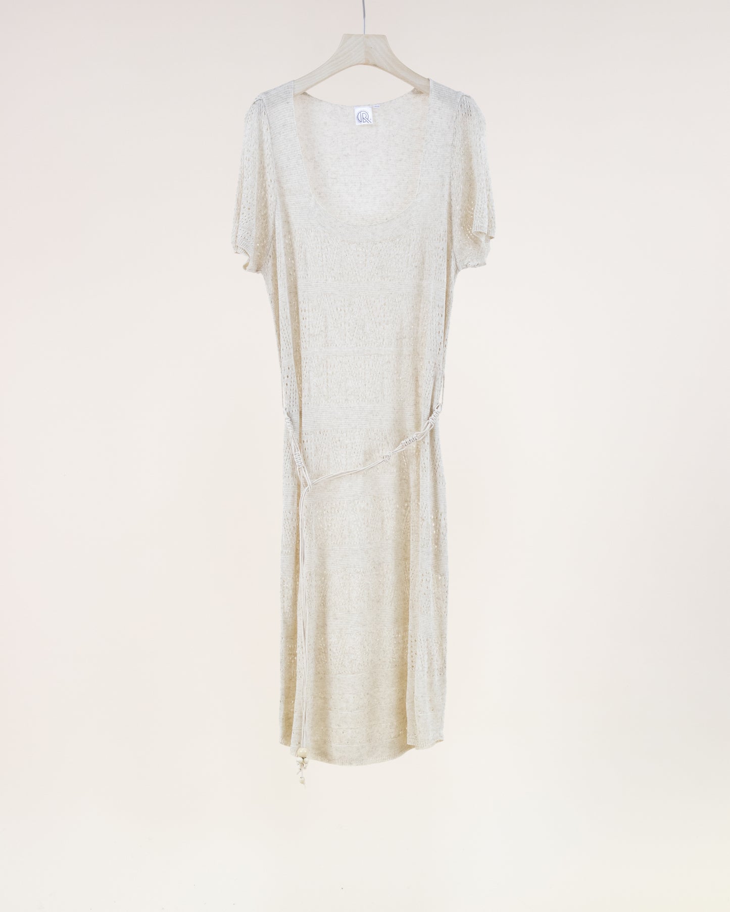 Geometric Pointelle Scoop Neck Short Sleeve Belted Dress