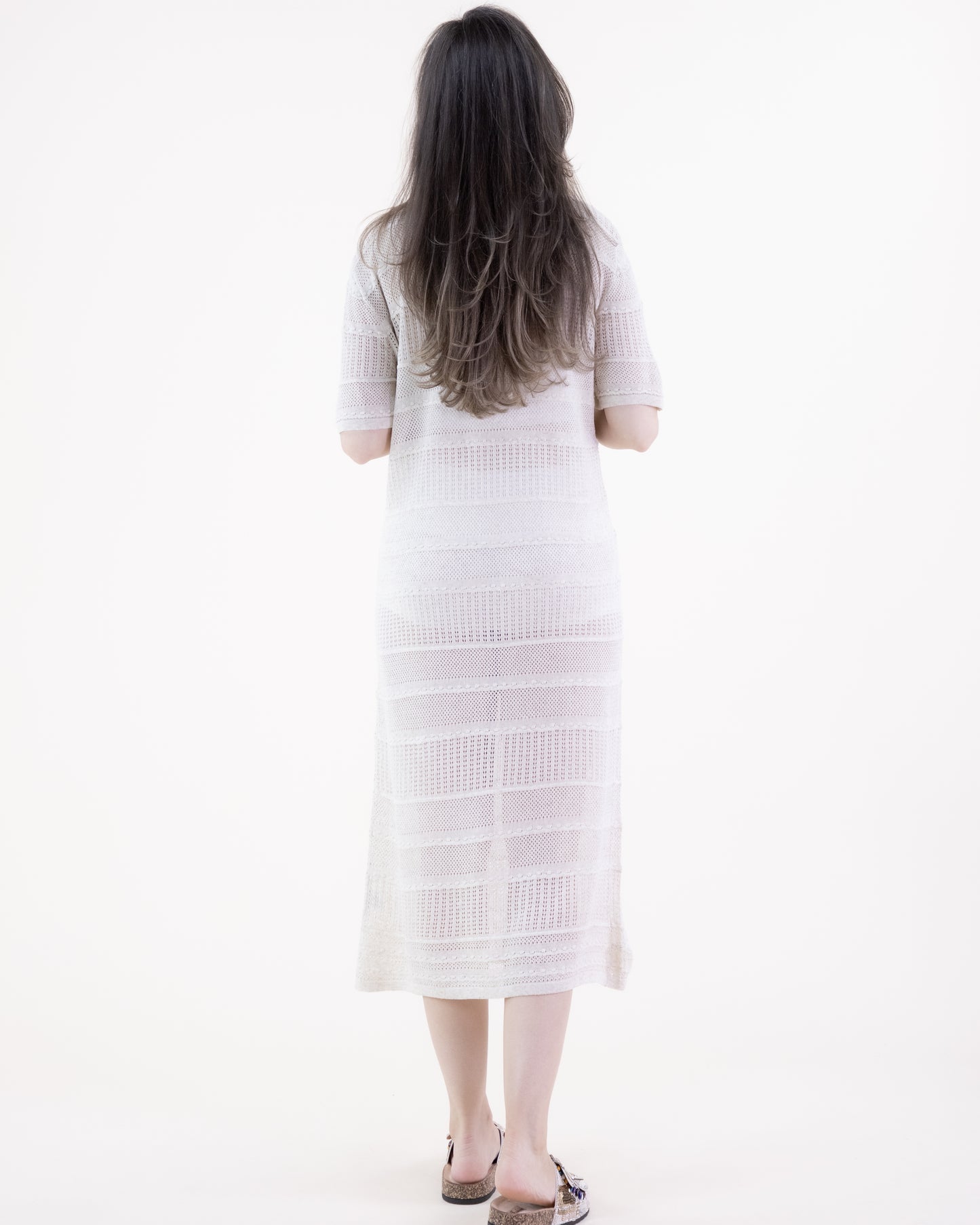 Pointelle Lines Crew Neck Short Sleeve Long Dress