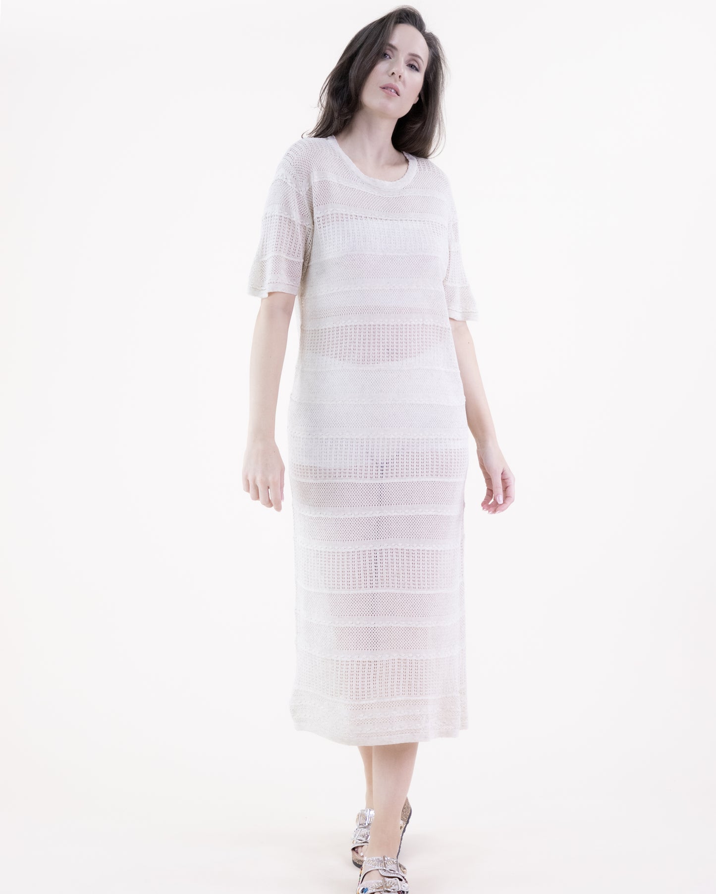 Pointelle Lines Crew Neck Short Sleeve Long Dress