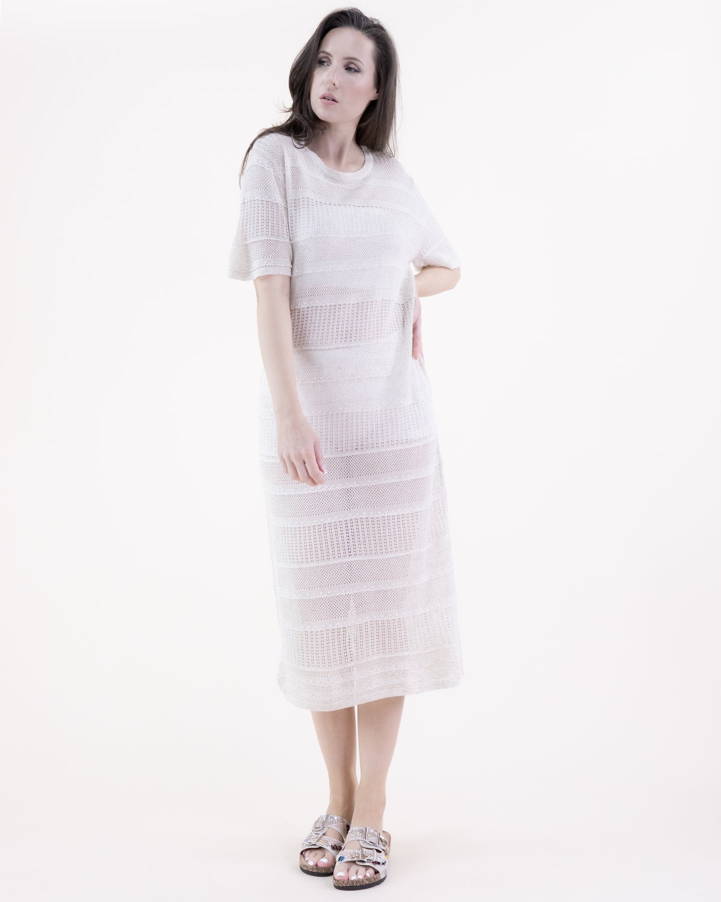 Pointelle Lines Crew Neck Short Sleeve Long Dress