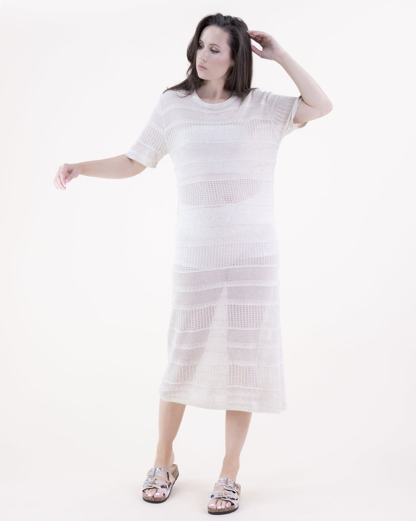 Pointelle Lines Crew Neck Short Sleeve Long Dress