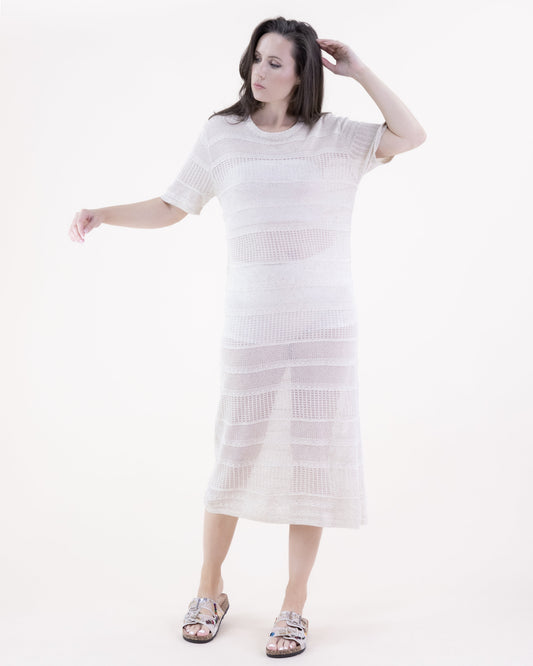 Pointelle Lines Crew Neck Short Sleeve Long Dress