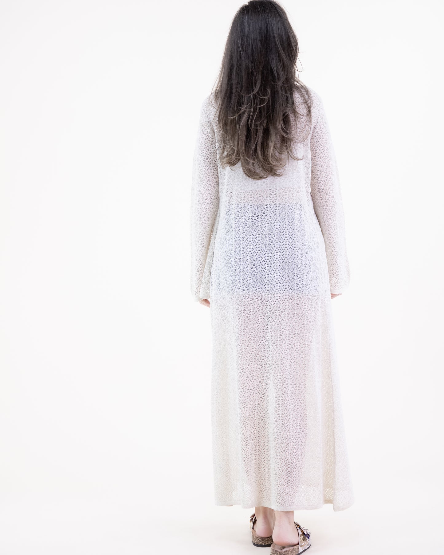 Diamond Stitch Pointelle Button Detail Long Sleeve Dress