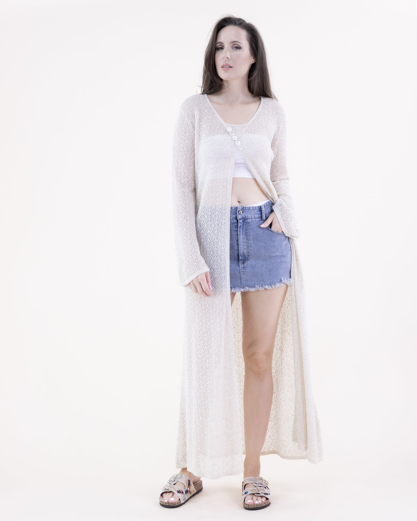 Diamond Stitch Pointelle Button Detail Long Sleeve Dress