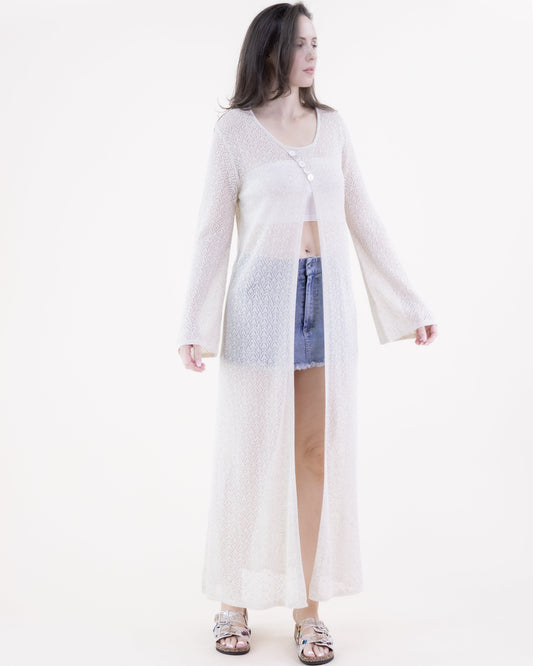 Diamond Stitch Pointelle Button Detail Long Sleeve Dress
