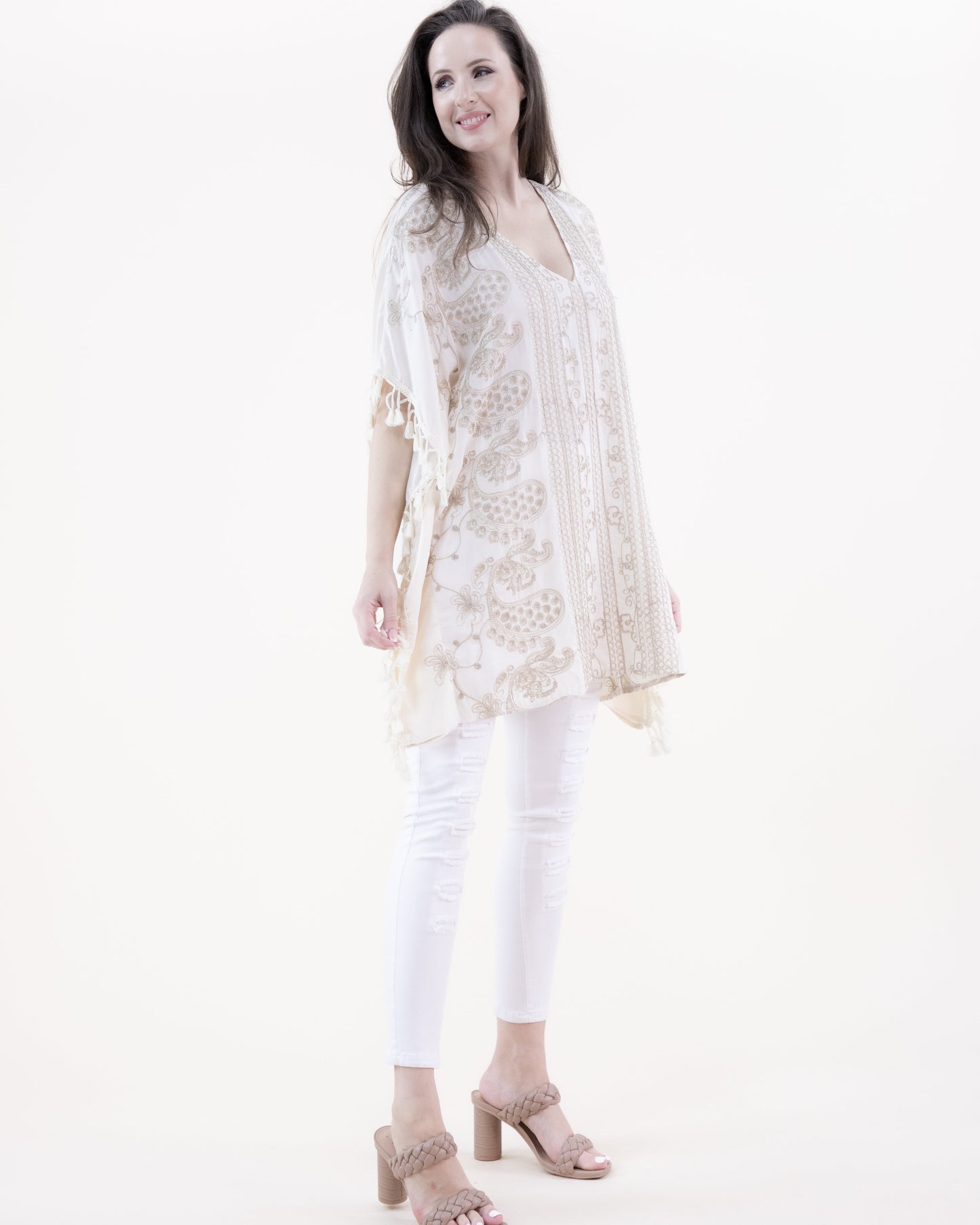 Paisley Floral Embroidered & Tassel Trim V-Neck Kimono Sleeve Top